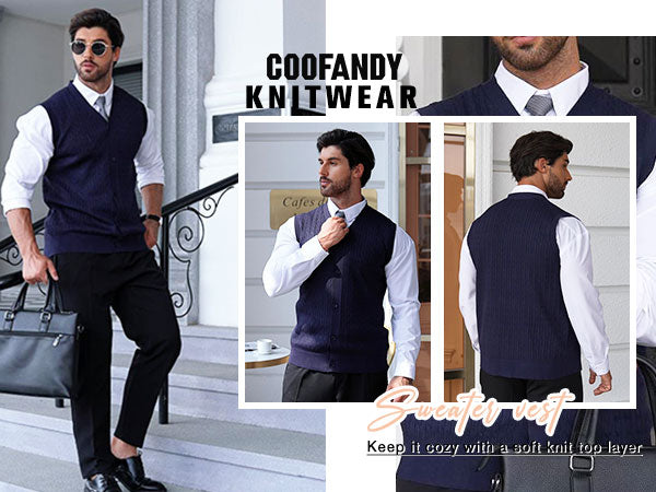 COOFANDY Men's Sleeveless Sweater Vest V-Neck Casual Cable Knit Button Down Cardigan Vest