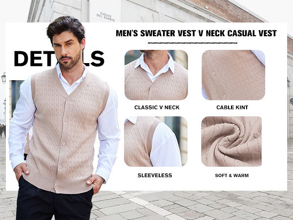 COOFANDY Men's Sleeveless Sweater Vest V-Neck Casual Cable Knit Button Down Cardigan Vest