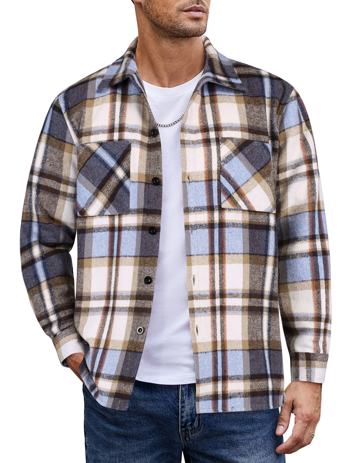 COOFANDY Men's Flannel Shirts Casual Button Down Plaid Shirt Jacket Long Sleeve Fleece Shacket with Pockets
