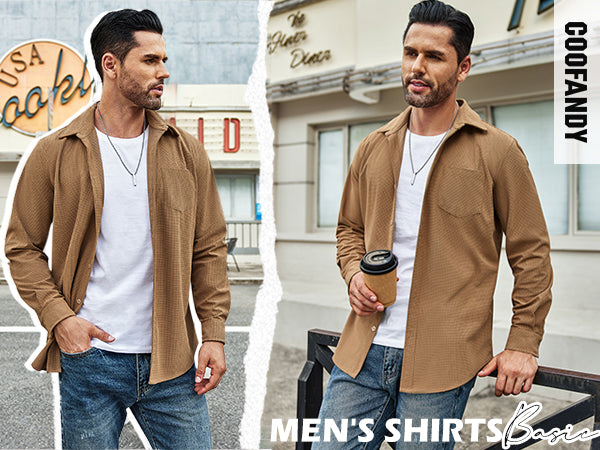 COOFANDY Men's Waffle Button Down Shirts Casual Long Sleeve Shacket Jacket with Pockets