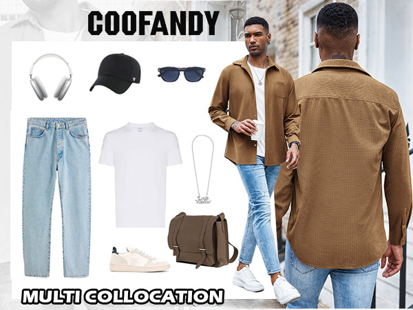 COOFANDY Men's Waffle Button Down Shirts Casual Long Sleeve Shacket Jacket with Pockets