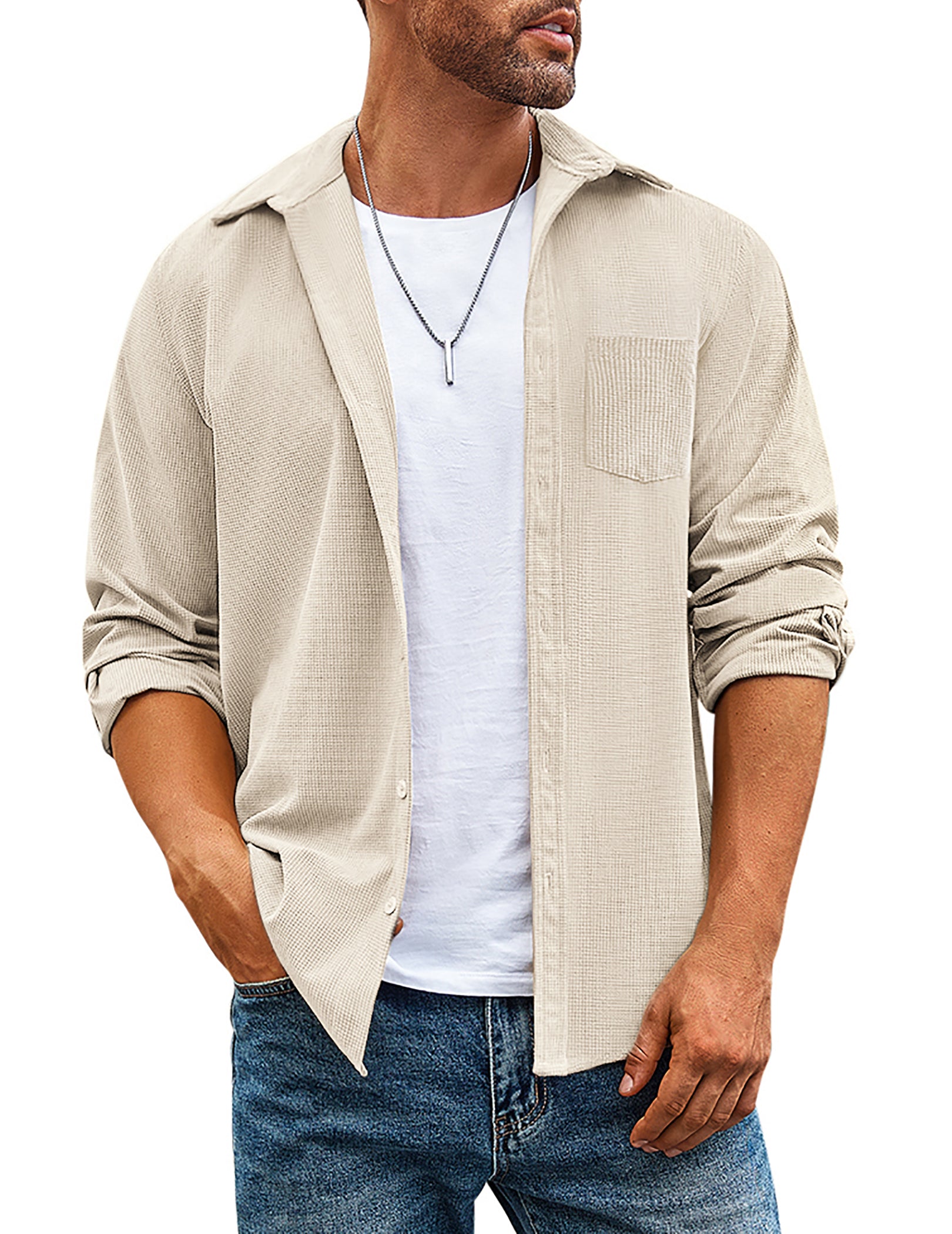 COOFANDY Men's Waffle Button Down Shirts Casual Long Sleeve Shacket Jacket with Pockets