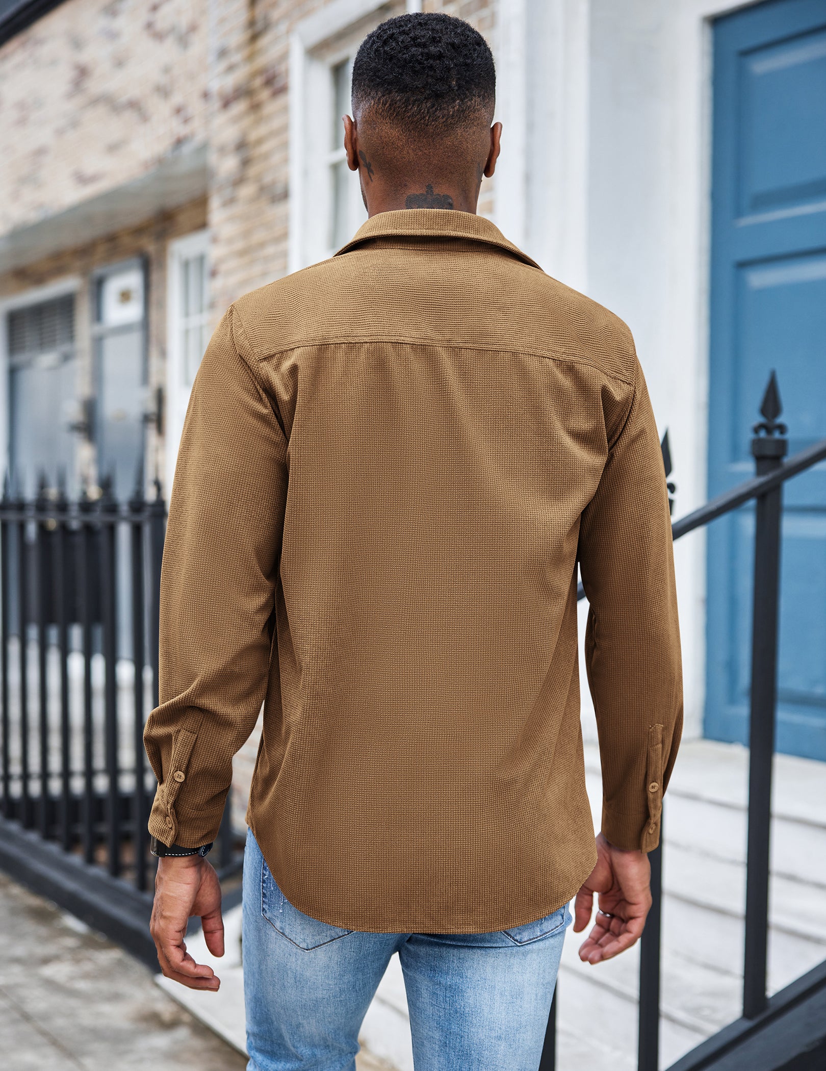 COOFANDY Men's Waffle Button Down Shirts Casual Long Sleeve Shacket Jacket with Pockets
