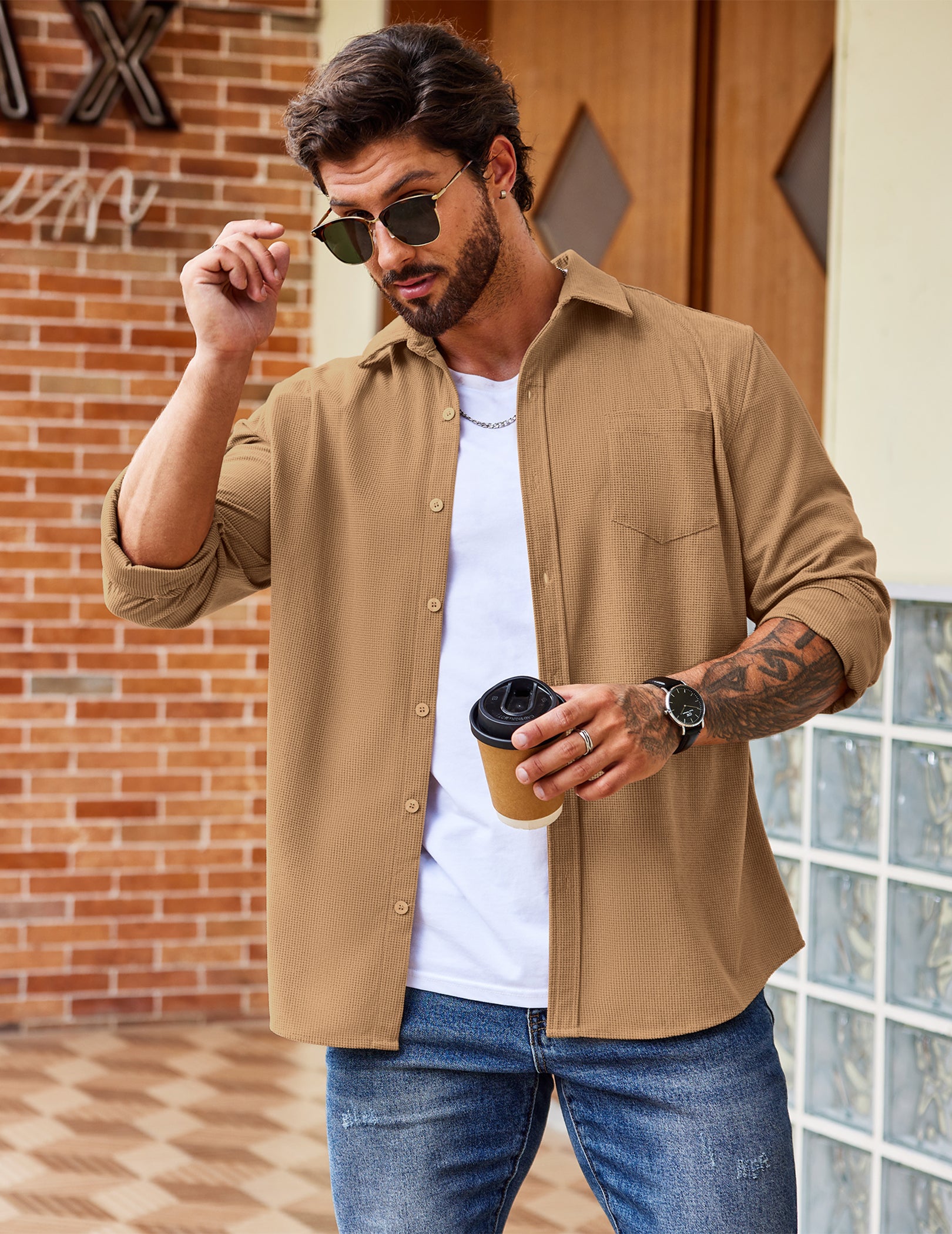 COOFANDY Men's Waffle Button Down Shirts Casual Long Sleeve Shacket Jacket with Pockets