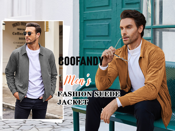 COOFANDY Men's Casual Suede Bomber Jacket Lightweight Full Zip Up Jackets Vintage Faux Leather Jacket S-XXL