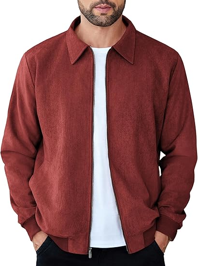 COOFANDY Men's Casual Suede Bomber Jacket Lightweight Full Zip Up Jackets Vintage Faux Leather Jacket S-XXL