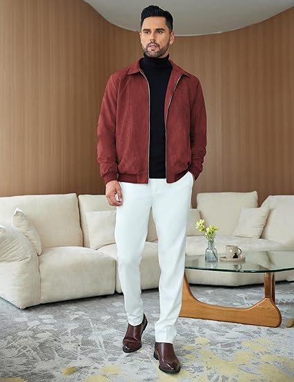 COOFANDY Men's Casual Suede Bomber Jacket Lightweight Full Zip Up Jackets Vintage Faux Leather Jacket S-XXL
