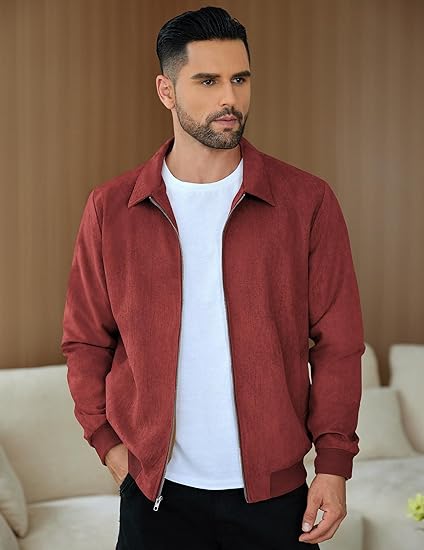 COOFANDY Men's Casual Suede Bomber Jacket Lightweight Full Zip Up Jackets Vintage Faux Leather Jacket S-XXL