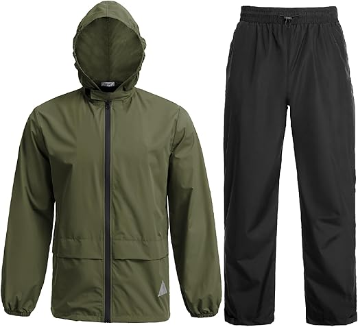 COOFANDY Men's Rain Suit 2 Piece Waterproof Breathable Rain Gear Lightweight Rain Jacket Pants Rainwear Suit S-XXL
