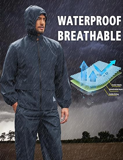 COOFANDY Men's Rain Suit 2 Piece Waterproof Breathable Rain Gear Lightweight Rain Jacket Pants Rainwear Suit S-XXL