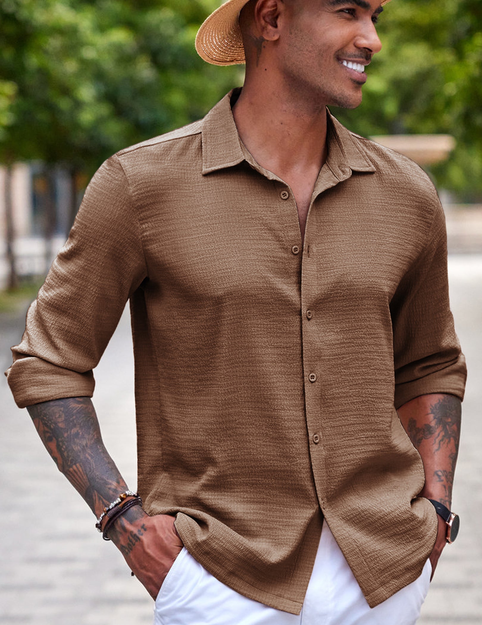 COOFANDY Men's Casual Button Down Long Sleeve Shirt Linen Wrinkle Free Textured Shirt