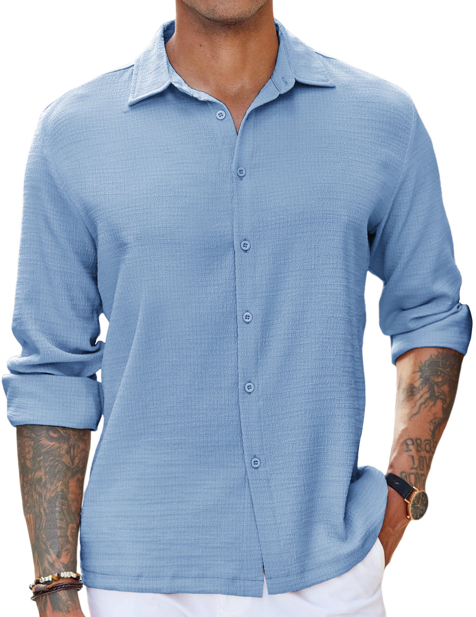COOFANDY Men's Casual Button Down Long Sleeve Shirt Linen Wrinkle Free Textured Shirt