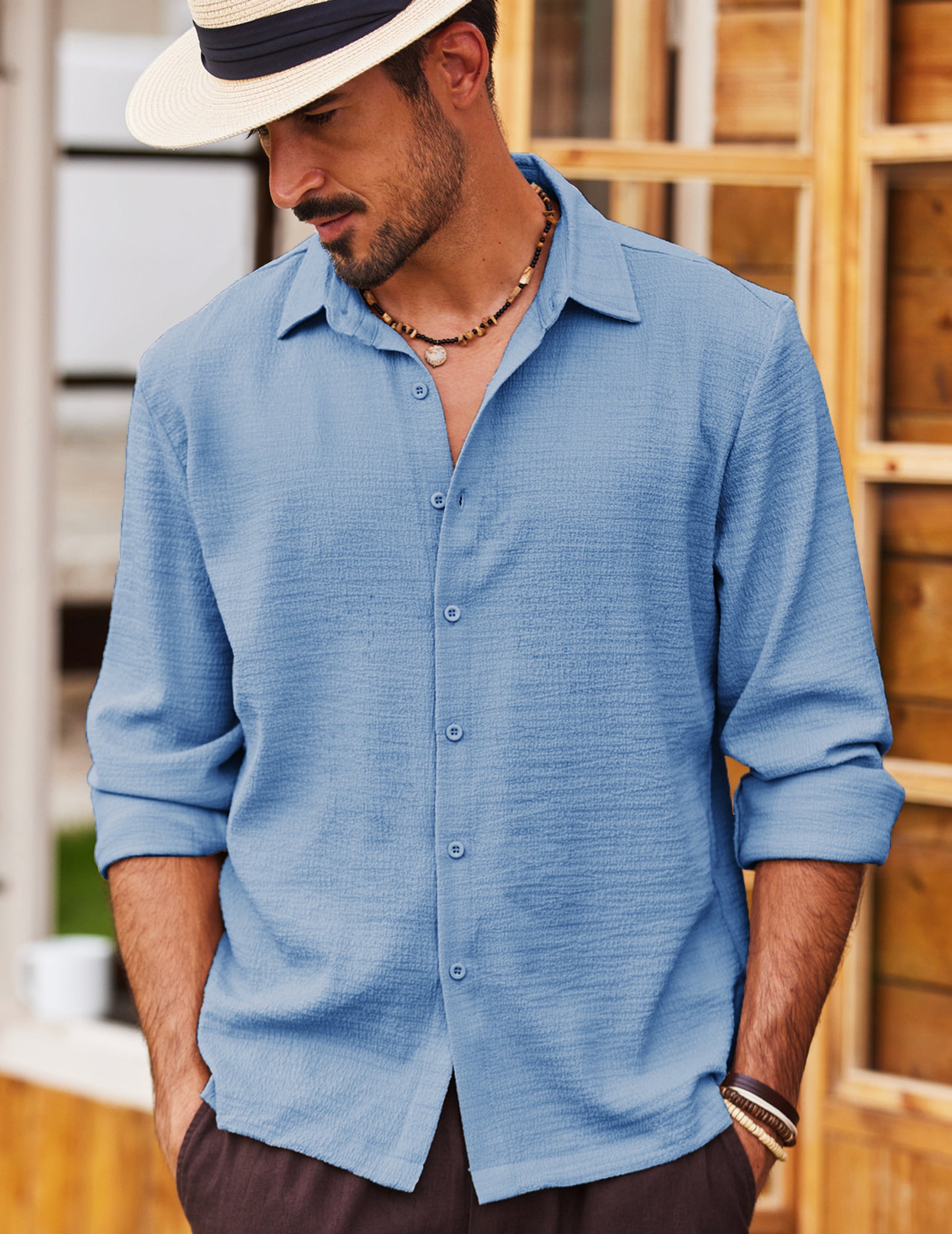 COOFANDY Men's Casual Button Down Long Sleeve Shirt Linen Wrinkle Free Textured Shirt