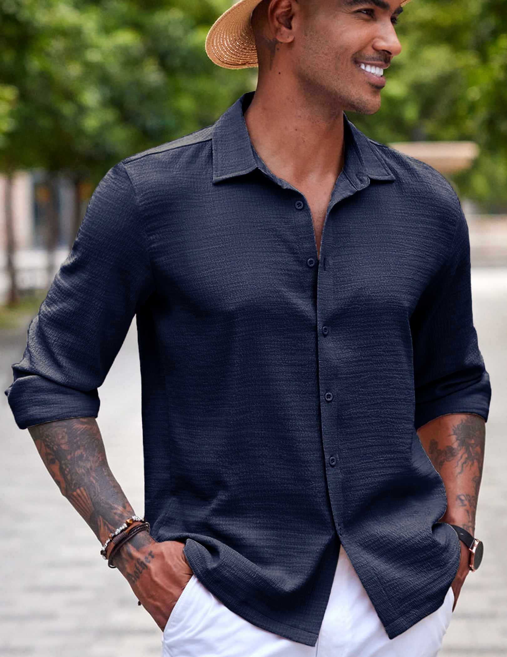 COOFANDY Men's Casual Button Down Long Sleeve Shirt Linen Wrinkle Free Textured Shirt