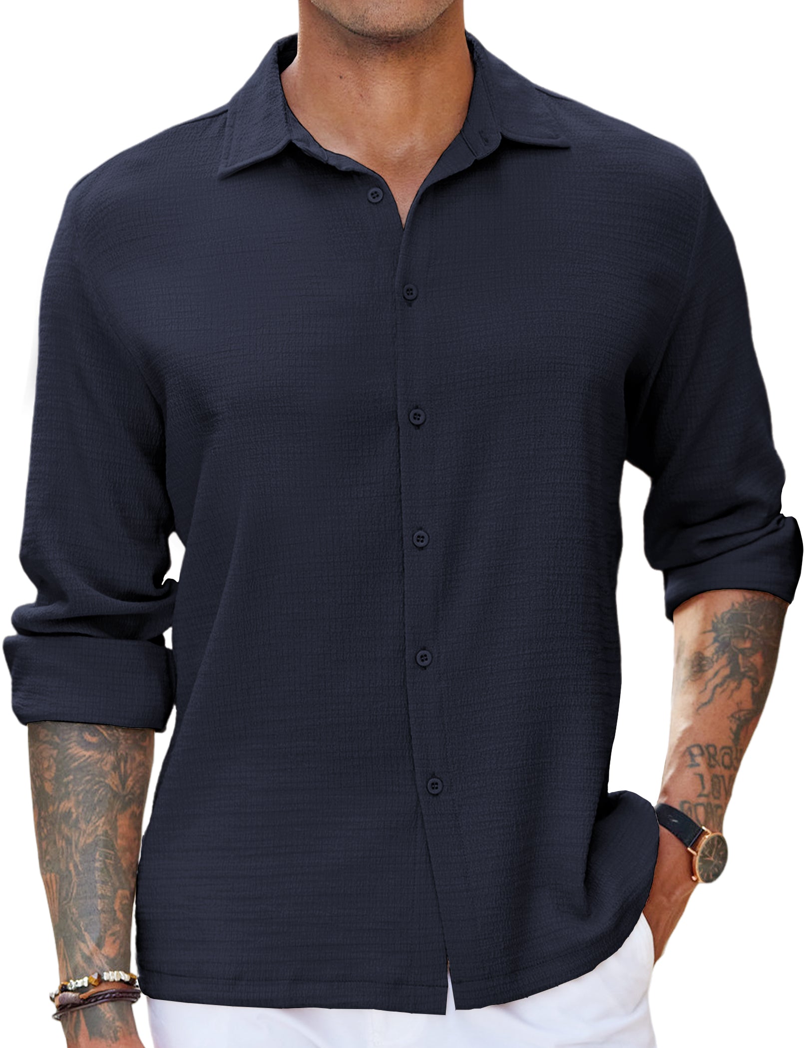 COOFANDY Men's Casual Button Down Long Sleeve Shirt Linen Wrinkle Free Textured Shirt