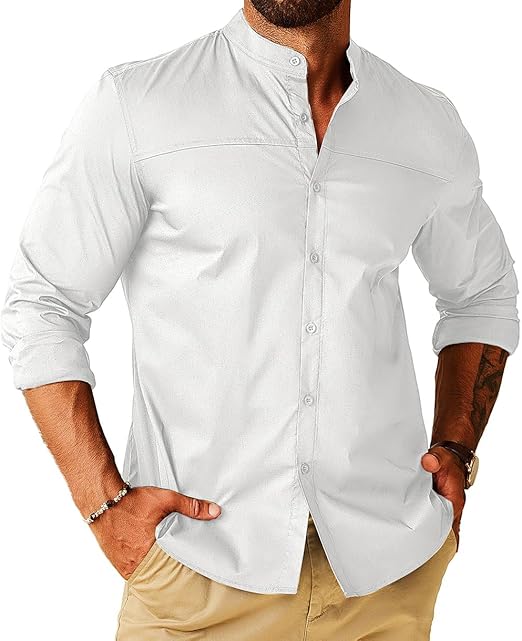 COOFANDY Mens Long Sleeve Shirt Muscle Athlectic Build Fit Dressy Button Up Collarless Clergy Untucked Shirts Elegant Mandarin Collar Semi Casual Shirt
