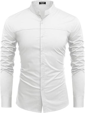 COOFANDY Mens Long Sleeve Shirt Muscle Athlectic Build Fit Dressy Button Up Collarless Clergy Untucked Shirts Elegant Mandarin Collar Semi Casual Shirt