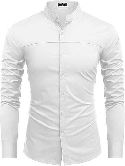 COOFANDY Mens Long Sleeve Shirt Muscle Athlectic Build Fit Dressy Button Up Collarless Clergy Untucked Shirts Elegant Mandarin Collar Semi Casual Shirt