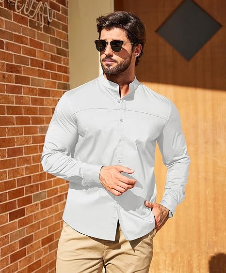 COOFANDY Mens Long Sleeve Shirt Muscle Athlectic Build Fit Dressy Button Up Collarless Clergy Untucked Shirts Elegant Mandarin Collar Semi Casual Shirt