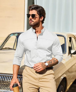 COOFANDY Mens Long Sleeve Shirt Muscle Athlectic Build Fit Dressy Button Up Collarless Clergy Untucked Shirts Elegant Mandarin Collar Semi Casual Shirt