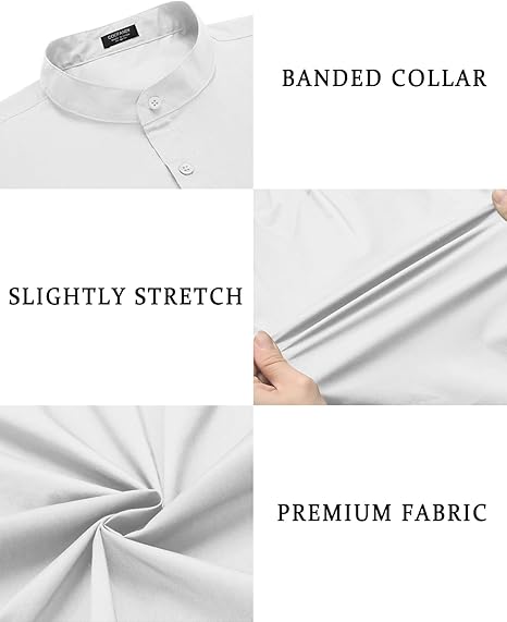 COOFANDY Mens Long Sleeve Shirt Muscle Athlectic Build Fit Dressy Button Up Collarless Clergy Untucked Shirts Elegant Mandarin Collar Semi Casual Shirt