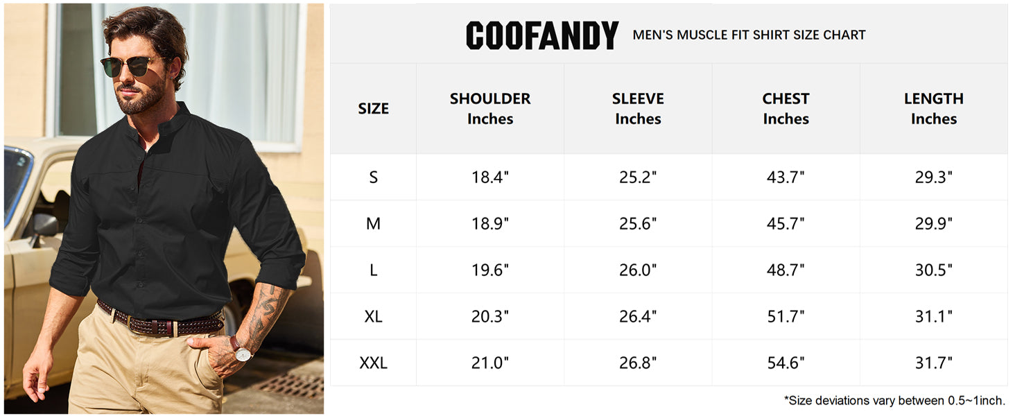 COOFANDY Mens Long Sleeve Shirt Muscle Athlectic Build Fit Dressy Button Up Collarless Clergy Untucked Shirts Elegant Mandarin Collar Semi Casual Shirt