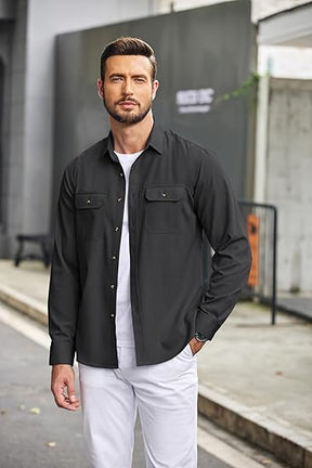 COOFANDY Mens Casual Button Down Shirts Long Sleeve Wrinkle-Free Shirt Lightweight Shirt Jacket S-XXL