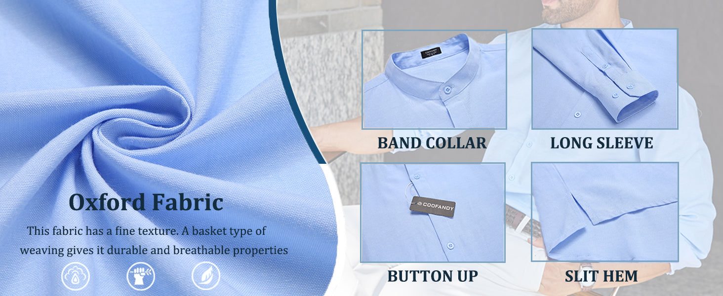 COOFANDY Men's Long Sleeve Oxford Dress Shirts Chambray Button Down Shirt Casual Band Collar Shirts S-XXXL