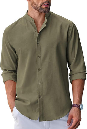 COOFANDY Men's Long Sleeve Oxford Dress Shirts Chambray Button Down Shirt Casual Band Collar Shirts S-XXXL