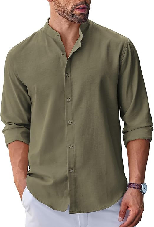 COOFANDY Men's Long Sleeve Oxford Dress Shirts Chambray Button Down Shirt Casual Band Collar Shirts S-XXXL