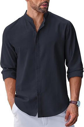 COOFANDY Men's Long Sleeve Oxford Dress Shirts Chambray Button Down Shirt Casual Band Collar Shirts S-XXXL
