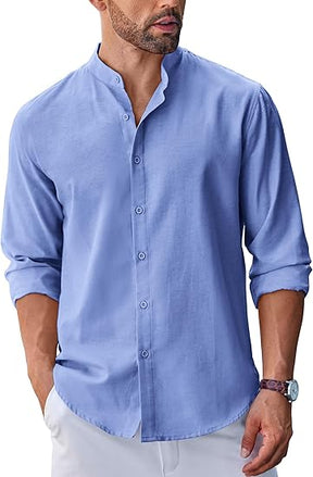 COOFANDY Men's Long Sleeve Oxford Dress Shirts Chambray Button Down Shirt Casual Band Collar Shirts S-XXXL