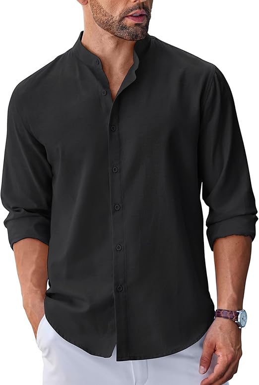 COOFANDY Men's Long Sleeve Oxford Dress Shirts Chambray Button Down Shirt Casual Band Collar Shirts S-XXXL