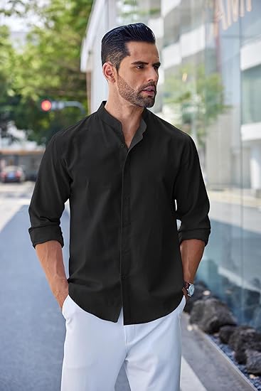 COOFANDY Men's Long Sleeve Oxford Dress Shirts Chambray Button Down Shirt Casual Band Collar Shirts S-XXXL