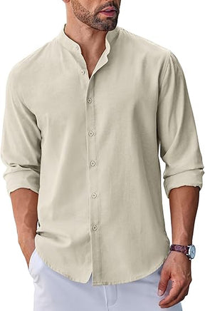 COOFANDY Men's Long Sleeve Oxford Dress Shirts Chambray Button Down Shirt Casual Band Collar Shirts S-XXXL