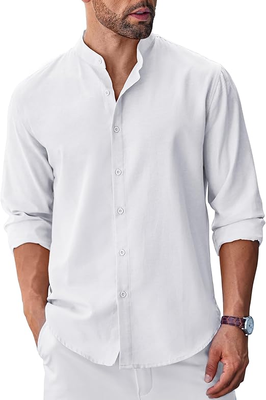 COOFANDY Men's Long Sleeve Oxford Dress Shirts Chambray Button Down Shirt Casual Band Collar Shirts S-XXXL