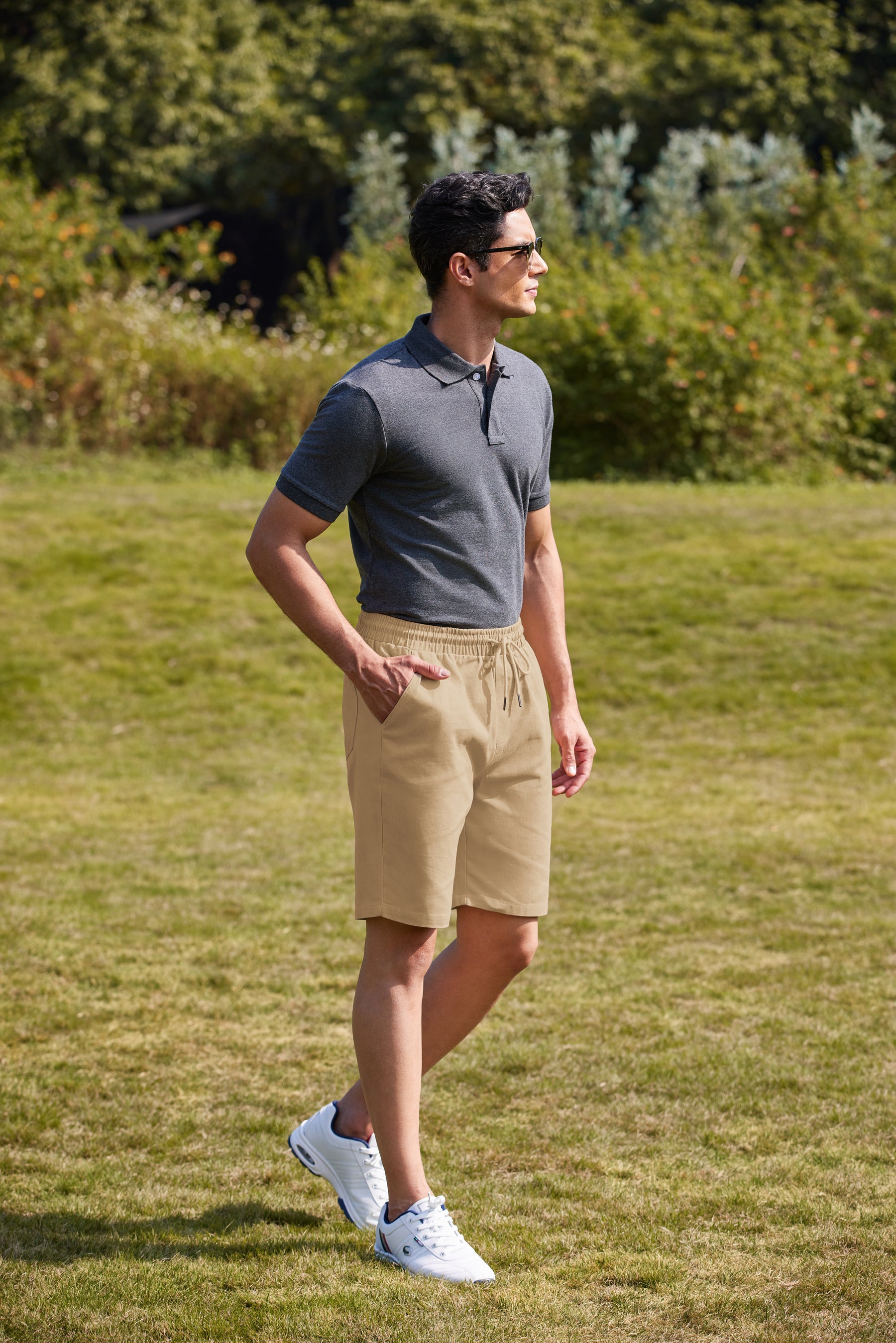 COOFANDY Mens Casual Elastic Waist Pull On Shorts Cotton Drawstring Relaxed Fit Summer Dress Shorts with Pockets