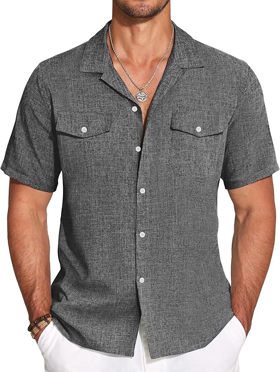 COOFANDY Men's Linen Short Sleeve Button Down Casual Cuban Collar Summer Beach Shirts Vacation Essentials