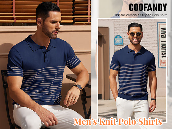COOFANDY Men's Knit Polo Shirts Short Sleeve Striped Golf Polo Shirts Lightweight Casual Collared T Shirt