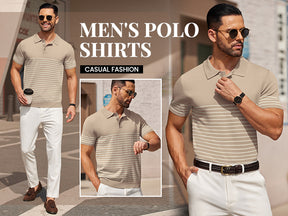 COOFANDY Men's Knit Polo Shirts Short Sleeve Striped Golf Polo Shirts Lightweight Casual Collared T Shirt
