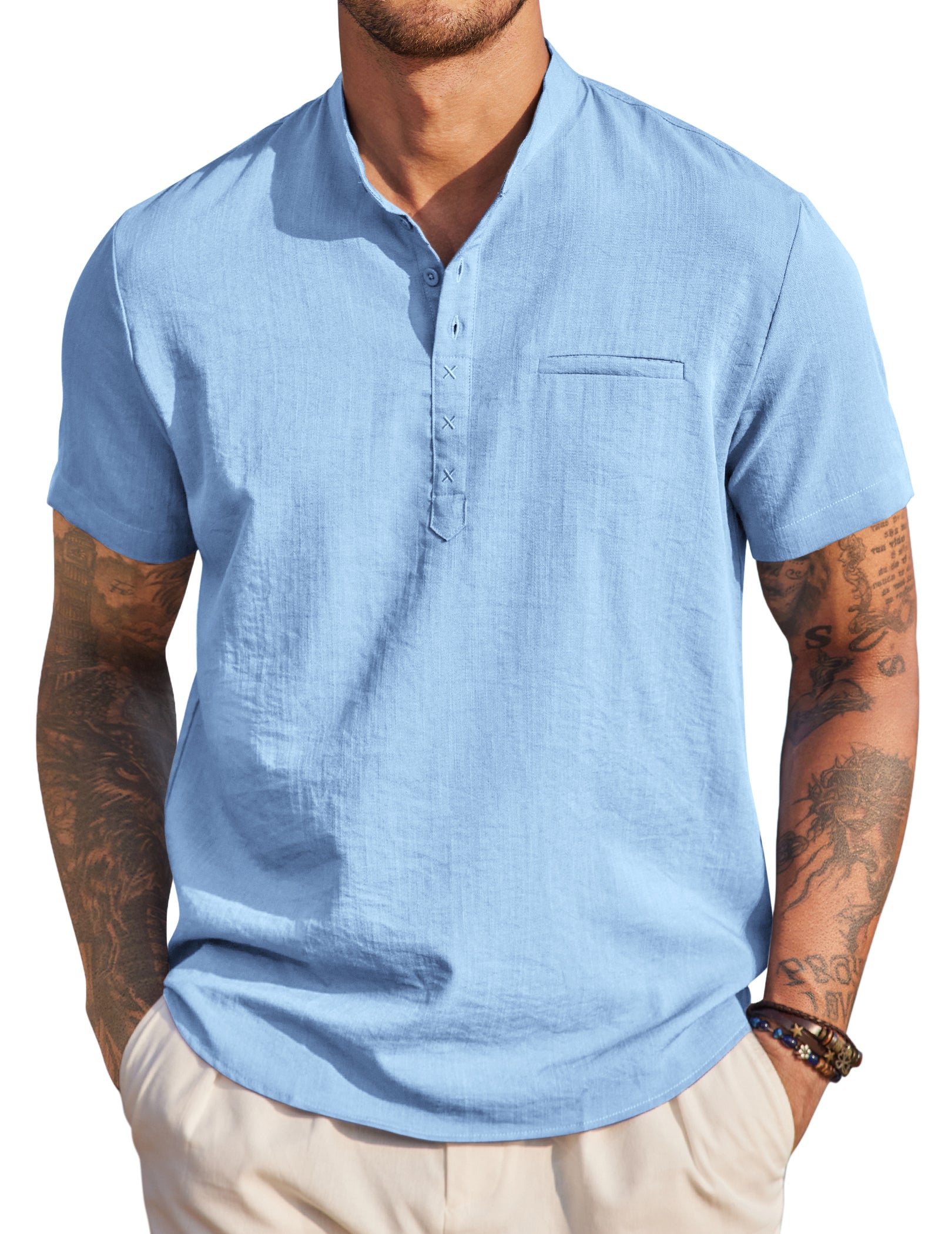 COOFANDY Men's Henley Shirts Band Collar Short Sleeve T-Shirts Casual Summer Beach Shirt Hippie Fashion Hawaiian Shirt