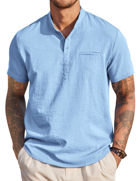 COOFANDY Men's Henley Shirts Band Collar Short Sleeve T-Shirts Casual Summer Beach Shirt Hippie Fashion Hawaiian Shirt