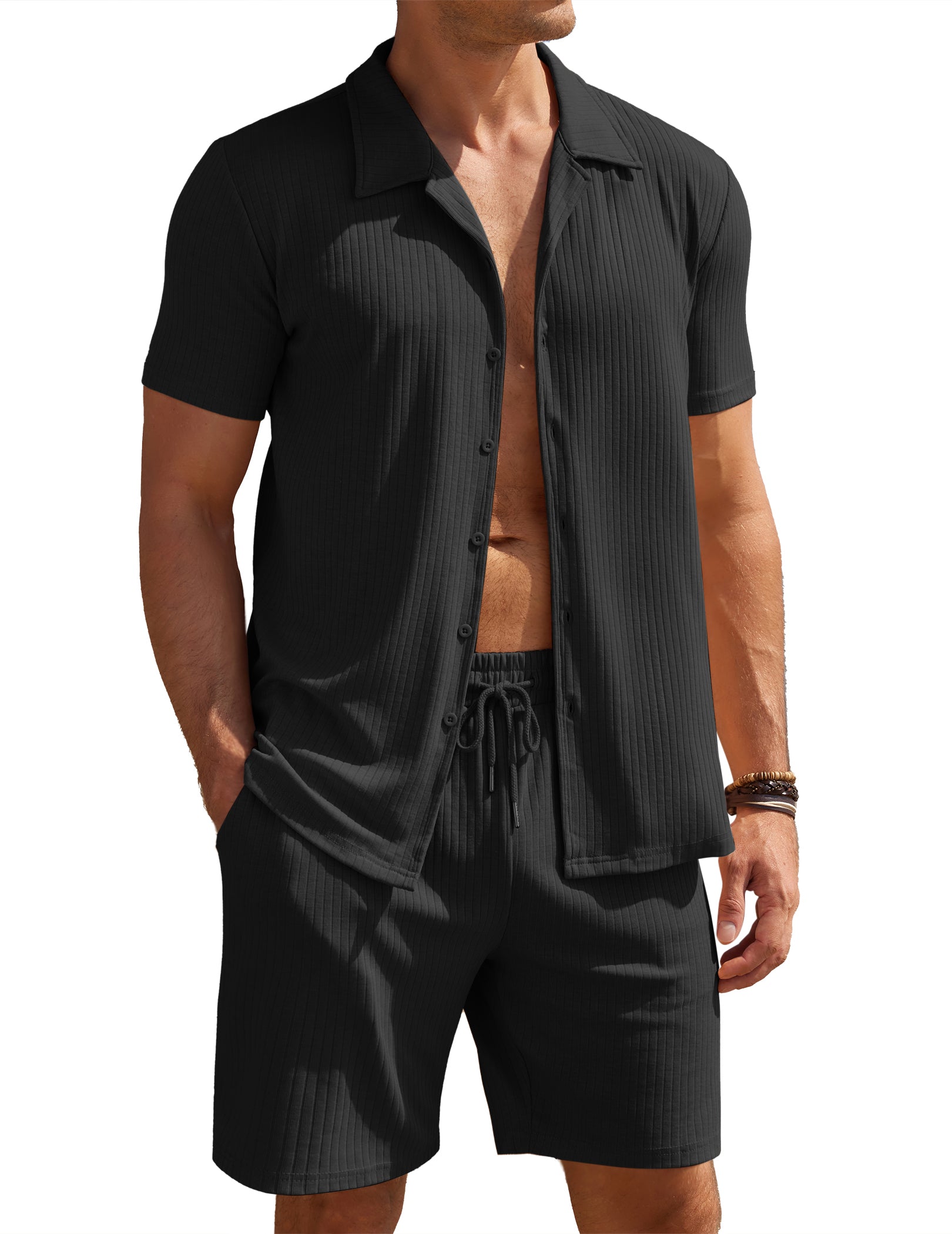 COOFANDY Short Sets for Men Casual Short Sleeve Cuban Collar Shirt Beach Outfits Sets