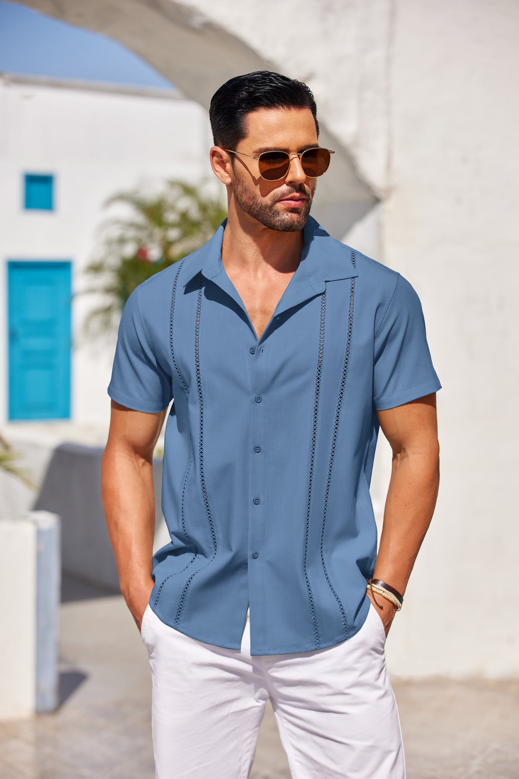 COOFANDY Men's Cuban Guayabera Short Sleeve Button Down Casual Summer Beach Linen Shirts