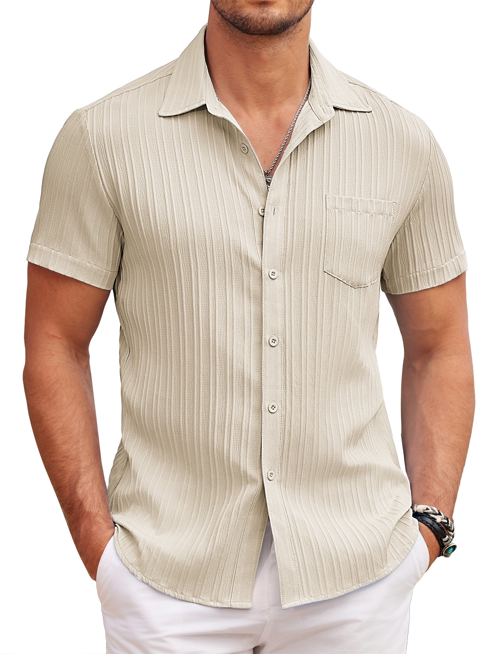 COOFANDY Men's Casual Button Down Shirts Short Sleeve Textured Summer Beach Shirt with Pocket