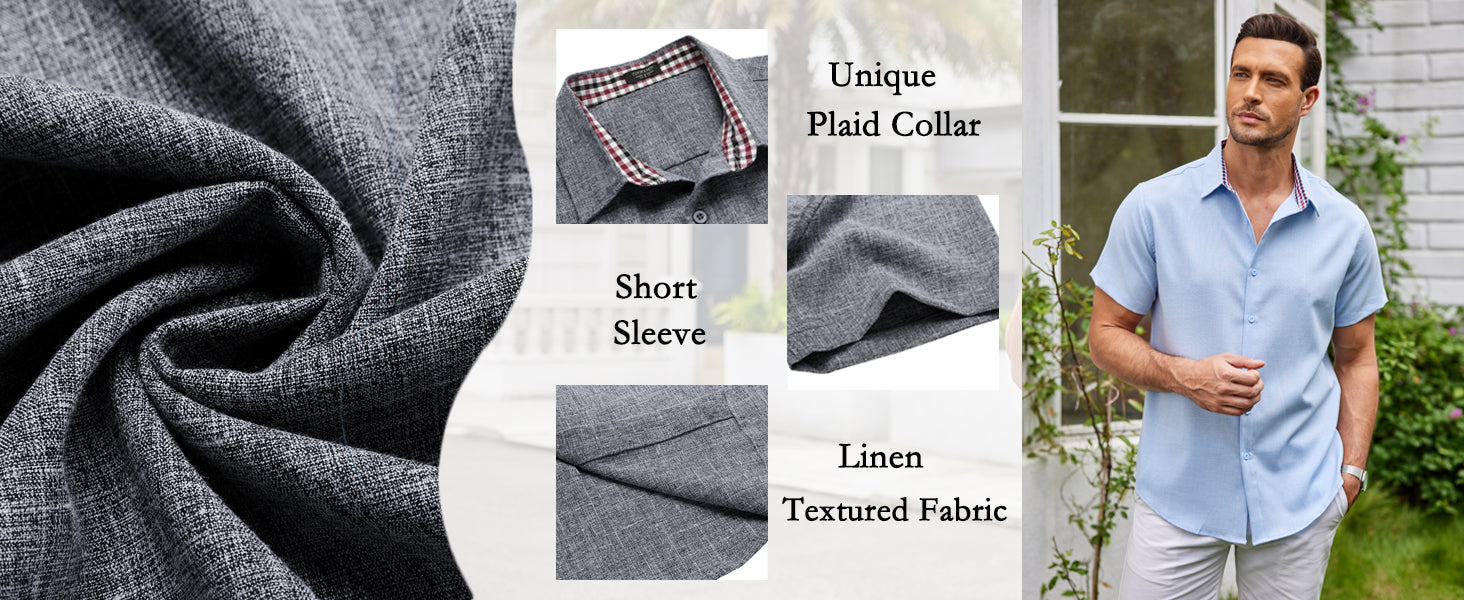 COOFANDY Mens Linen Shirt Short Sleeve Button Down Shirts Casual Plaid Collar Summer Beach Shirts S-XXXL