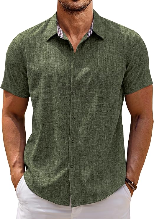 COOFANDY Mens Linen Shirt Short Sleeve Button Down Shirts Casual Plaid Collar Summer Beach Shirts S-XXXL
