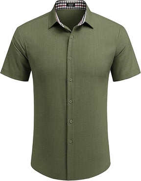 COOFANDY Mens Linen Shirt Short Sleeve Button Down Shirts Casual Plaid Collar Summer Beach Shirts S-XXXL