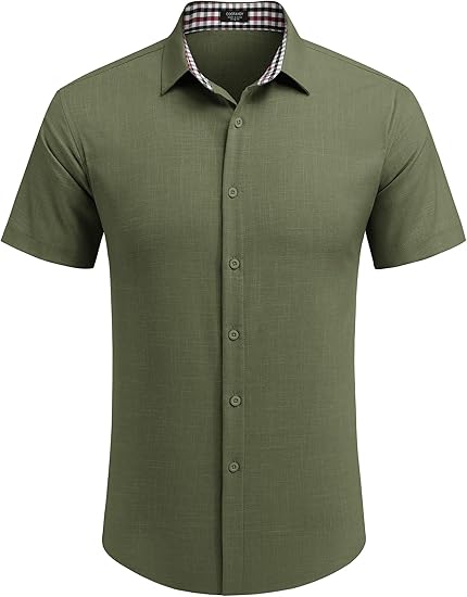 COOFANDY Mens Linen Shirt Short Sleeve Button Down Shirts Casual Plaid Collar Summer Beach Shirts S-XXXL