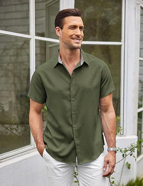 COOFANDY Mens Linen Shirt Short Sleeve Button Down Shirts Casual Plaid Collar Summer Beach Shirts S-XXXL